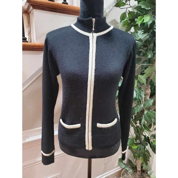 Vintage Black Acrylic Long Sleeve Full Zip Casual Knit Sweater Size M - Picture 1 of 11